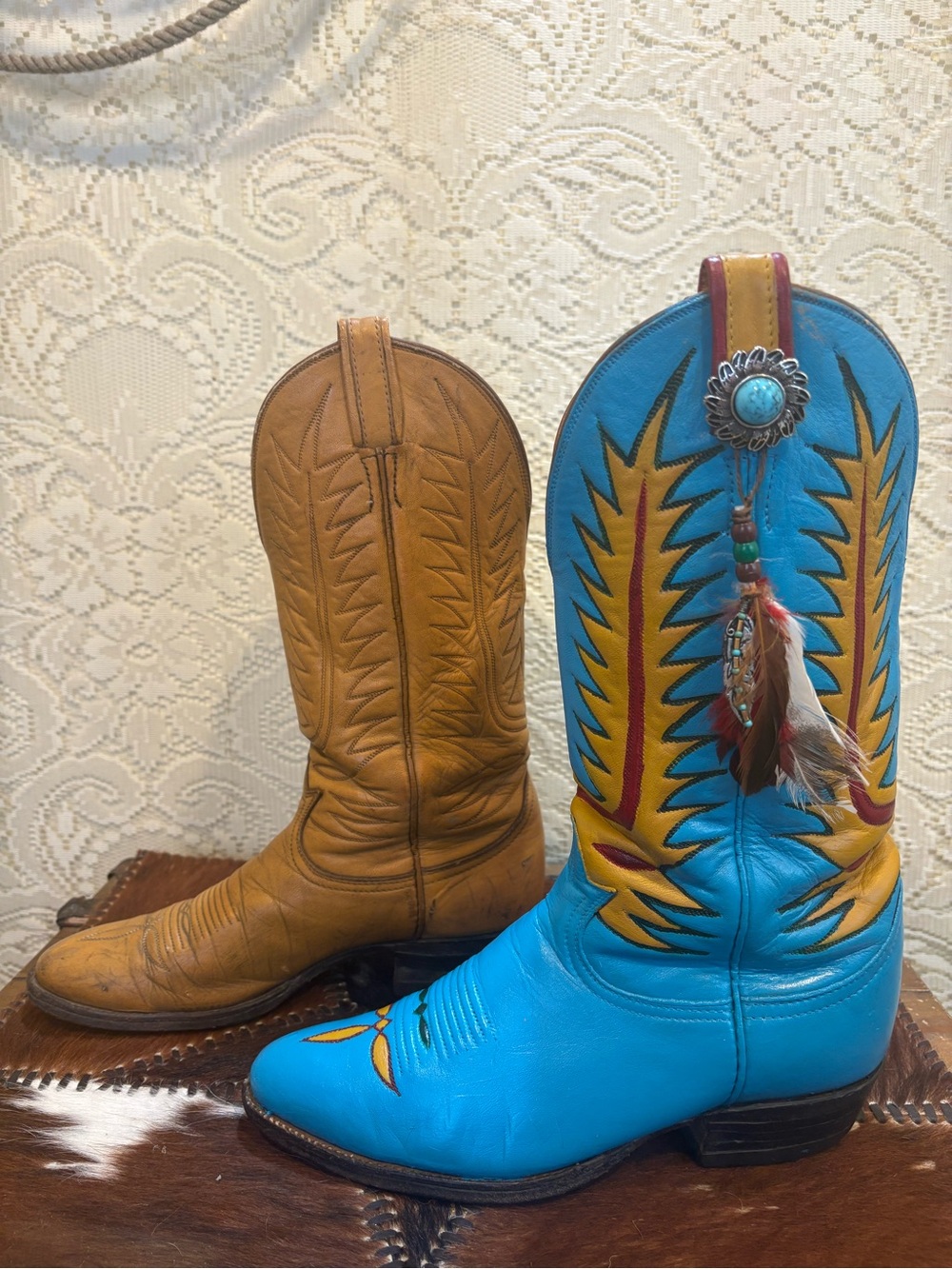 Hand Painted TonyLama Turquoise and Yellow Western Feathered Cowboy Boots size 8 - Picture 13 of 16